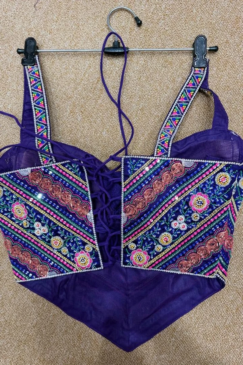 Purple Multicolor Embroidered Corset Navratri Blouse with Beads & Sweetheart Neck — view 2