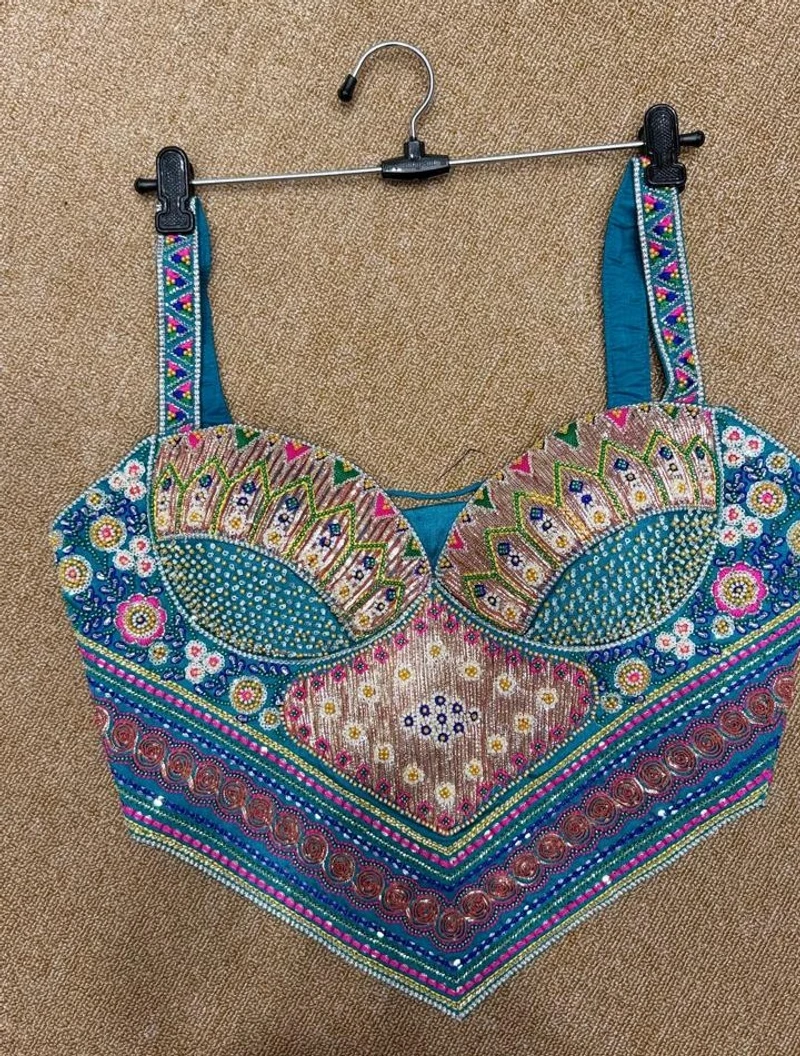 Rama Multicolor Embroidered Corset Navratri Blouse with Beads & Sweetheart Neck