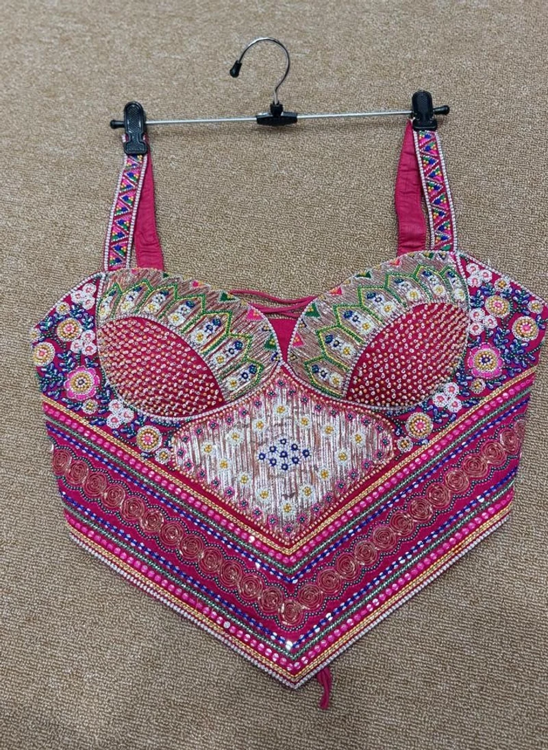 Rani Multicolor Embroidered Corset Navratri Blouse with Beads & Sweetheart Neck