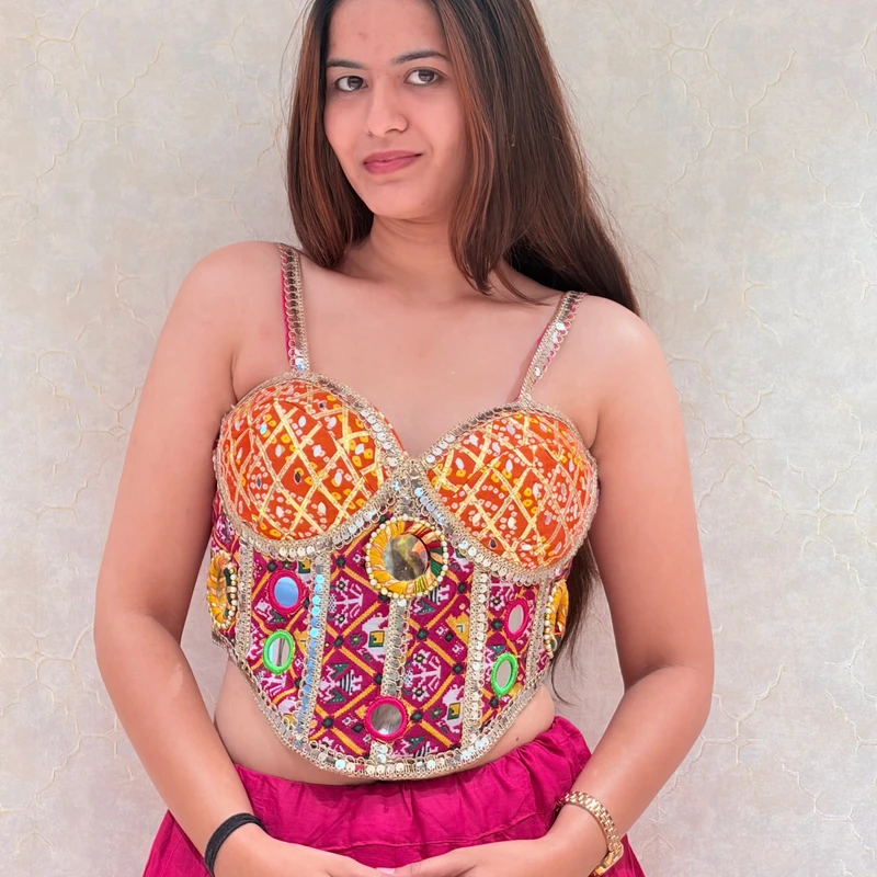 Rani Navratri Corset Bandhani Mirror Work Blouse