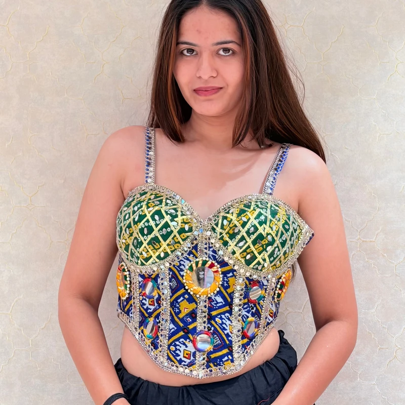 Blue Navratri Corset Bandhani Mirror Work Blouse