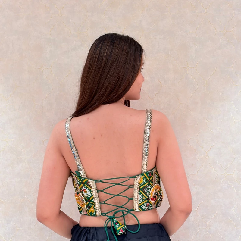 Blue Navratri Corset Bandhani Mirror Work Blouse — view 2