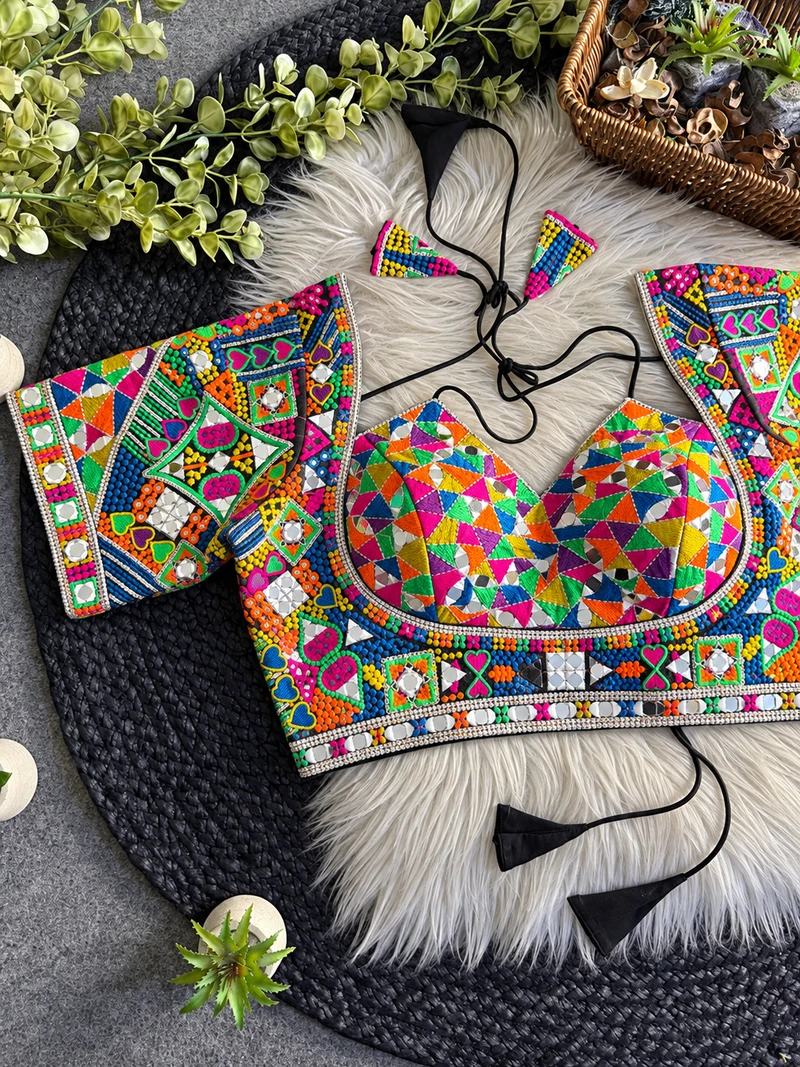 Black Masaba Style Navratri Blouse with Multithread Embroidery & Mirror Work