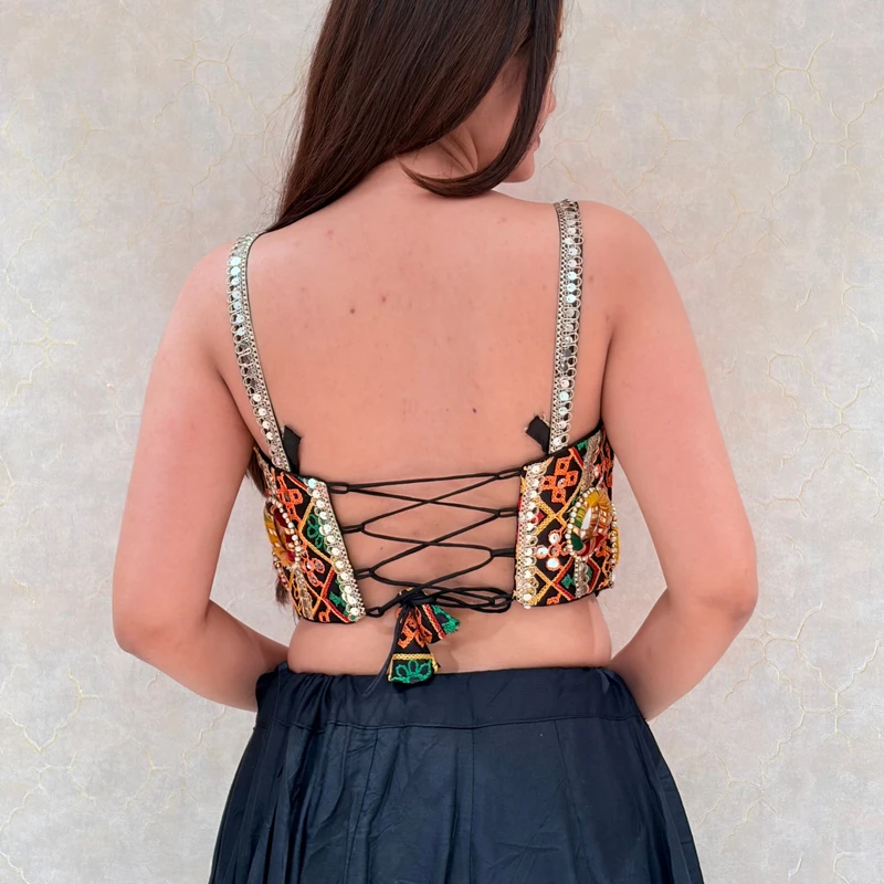 Yellow Navratri Corset Bandhani Mirror Work Blouse — view 2