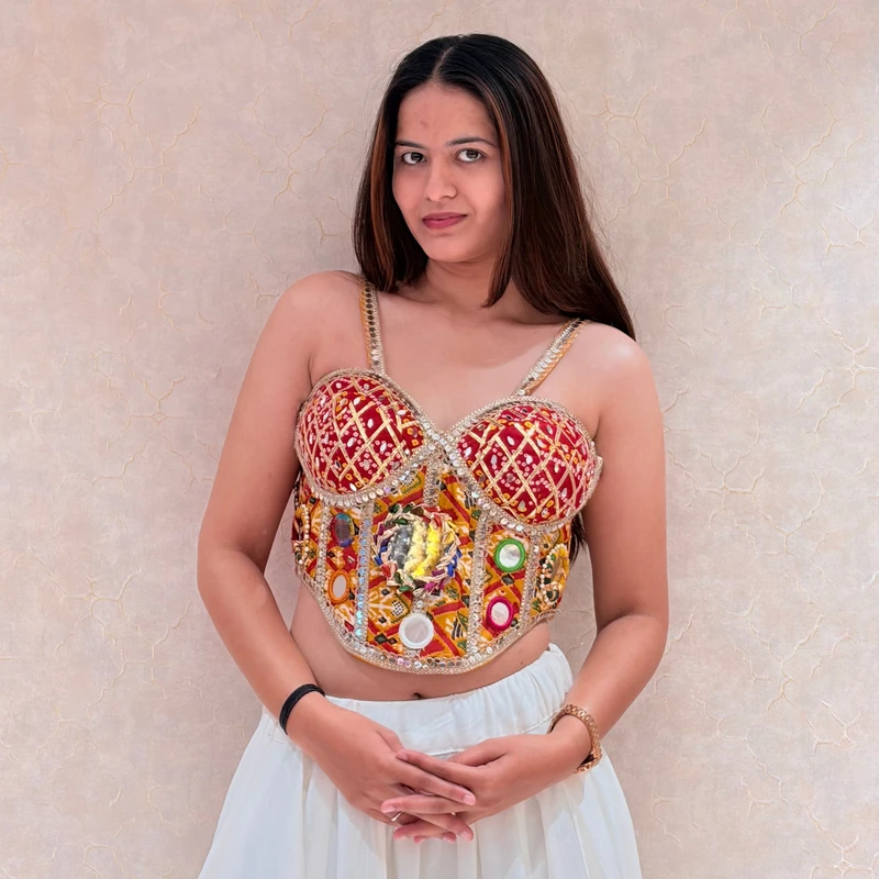 Gold Navratri Corset Bandhani Mirror Work Blouse
