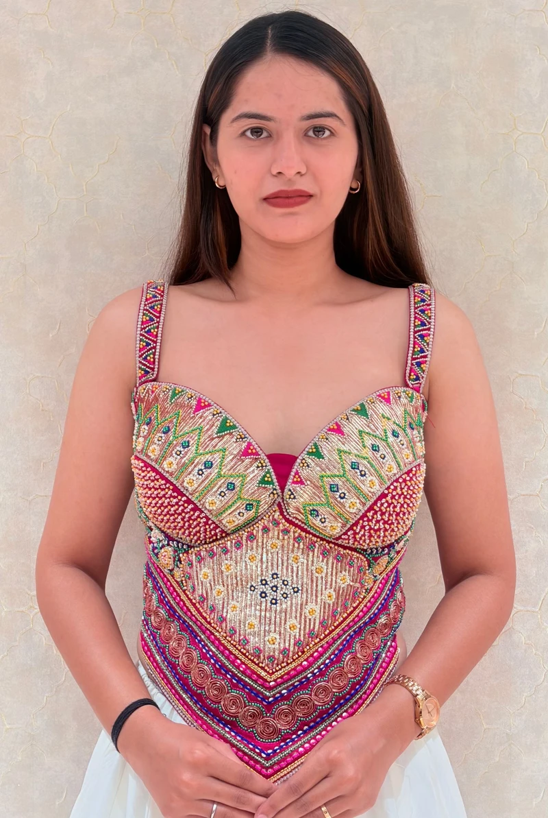 Rani Multicolor Embroidered Corset Navratri Blouse with Beads & Sweetheart Neck