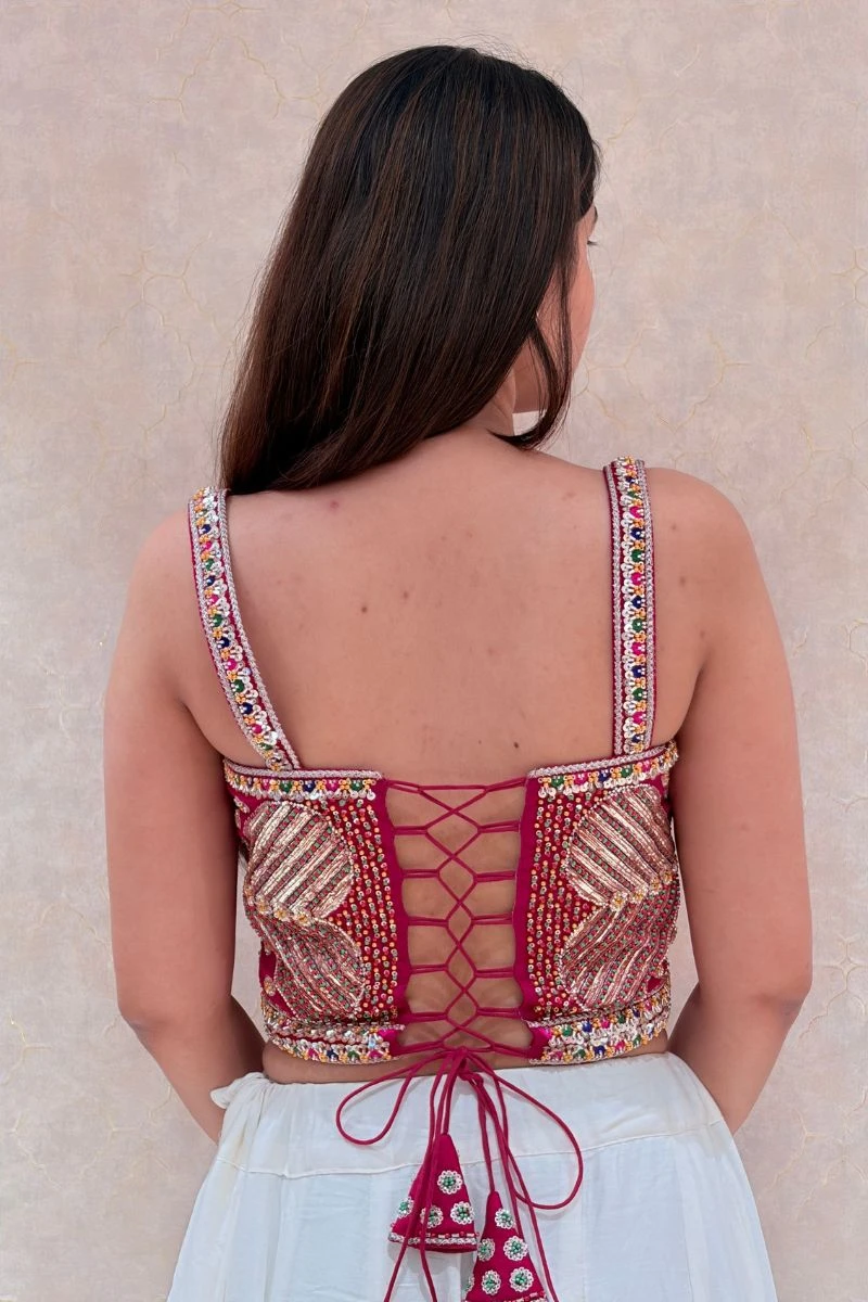 Rani Multicolor Embroidered Corset Navratri Blouse with Beads & Sweetheart Neck — view 2