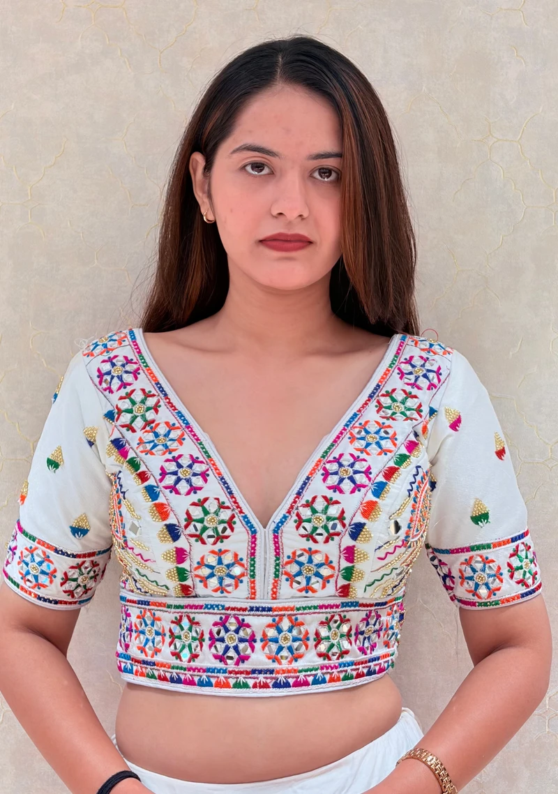 White Multicolor Embroidered Navratri Blouse with V-Neck, Mirror & Tikali Work