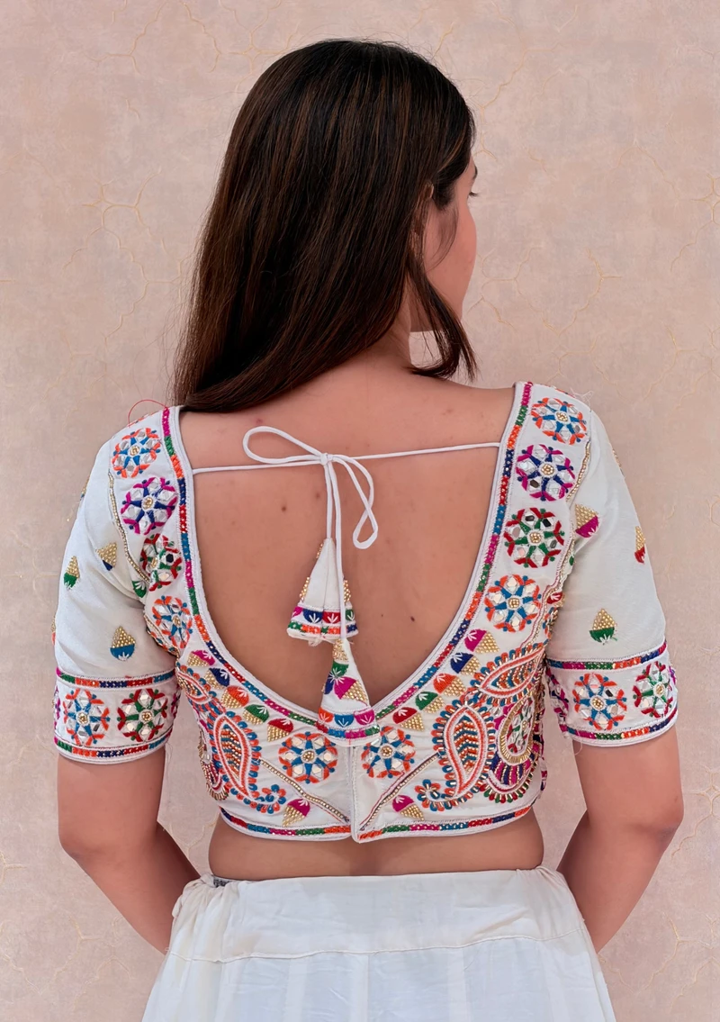 White Multicolor Embroidered Navratri Blouse with V-Neck, Mirror & Tikali Work — view 2