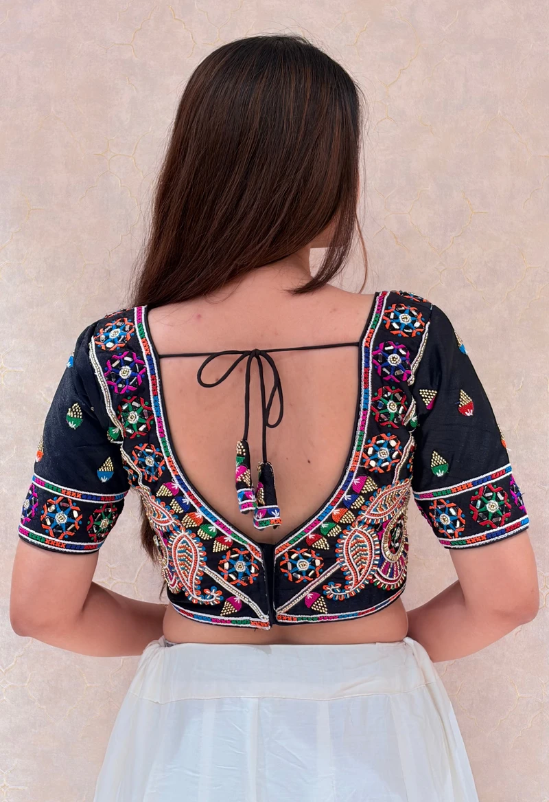 Black Multicolor Embroidered Navratri Blouse with V-Neck, Mirror & Tikali Work — view 2