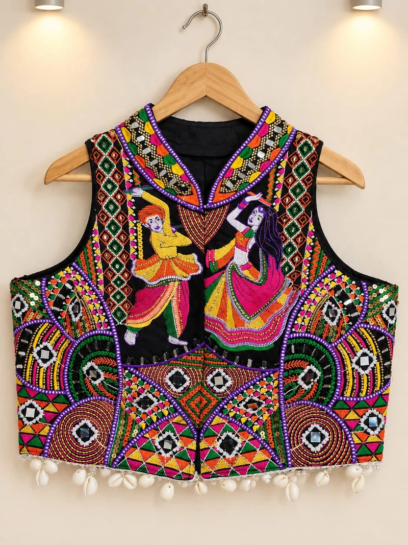 Black Crepe Silk Navratri Blouse with Mirror, Kodi & Multicolor Thread Work