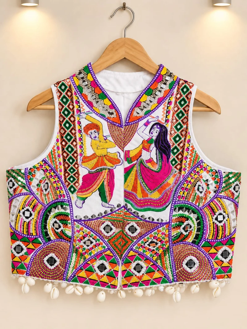 White Crepe Silk Navratri Blouse with Mirror, Kodi & Multicolor Thread Work