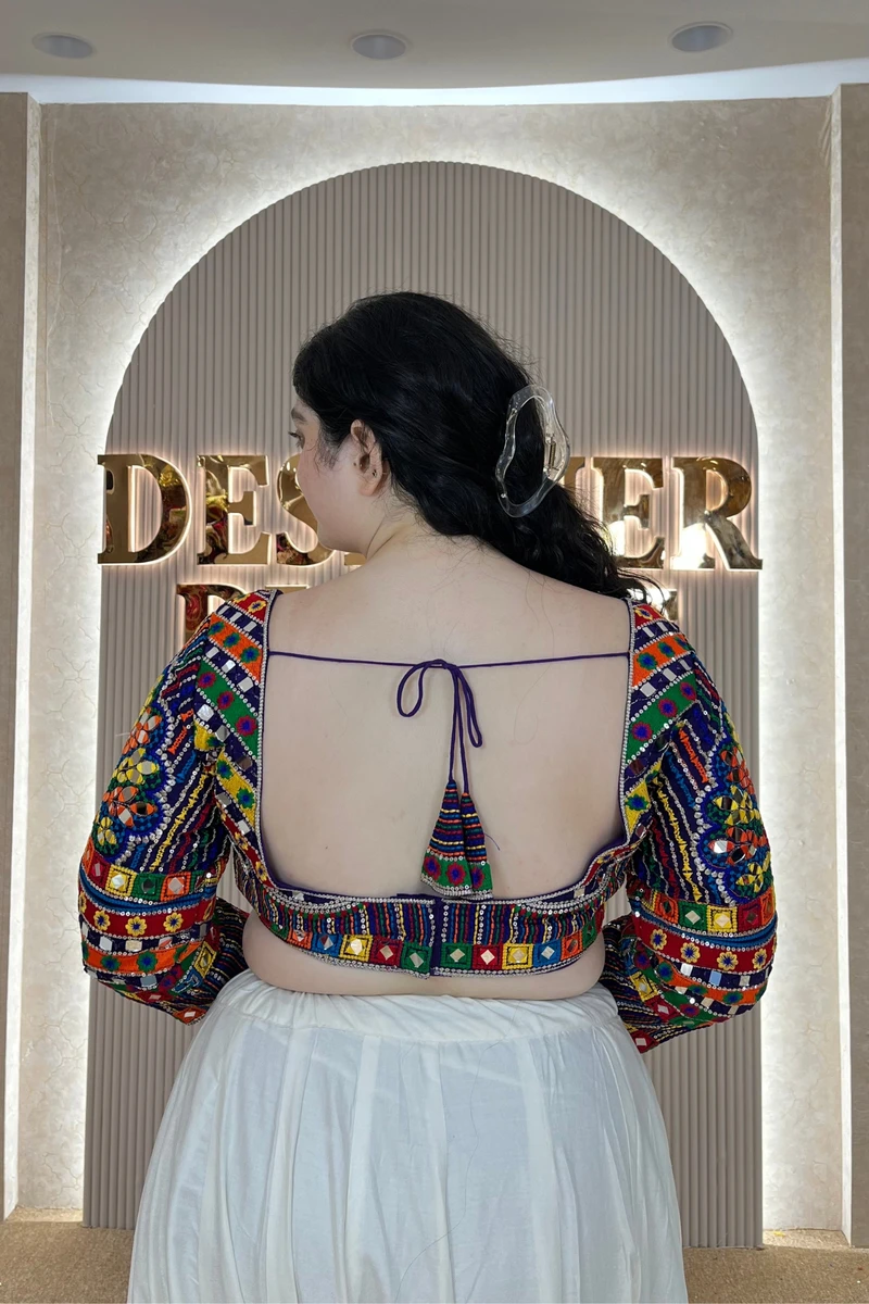 Purple Navratri Full Sleeve Silk Blouse with Mirror & Thread Work — view 2