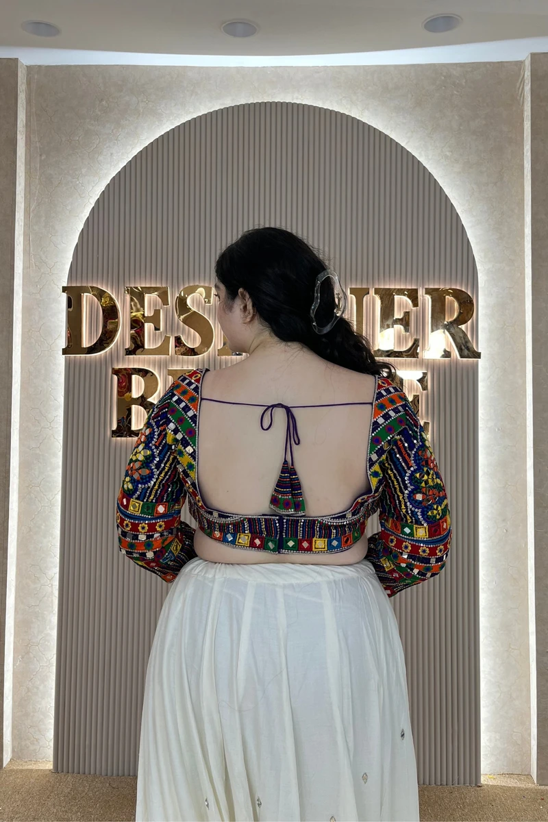 Black Navratri Full Sleeve Silk Blouse with Mirror & Thread Work — view 2