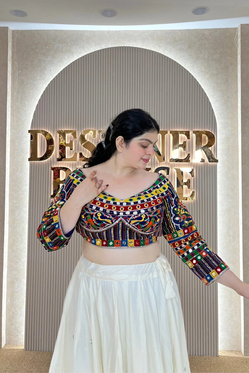 Black Navratri Full Sleeve Silk Blouse with Mirror & Thread Work — view 3