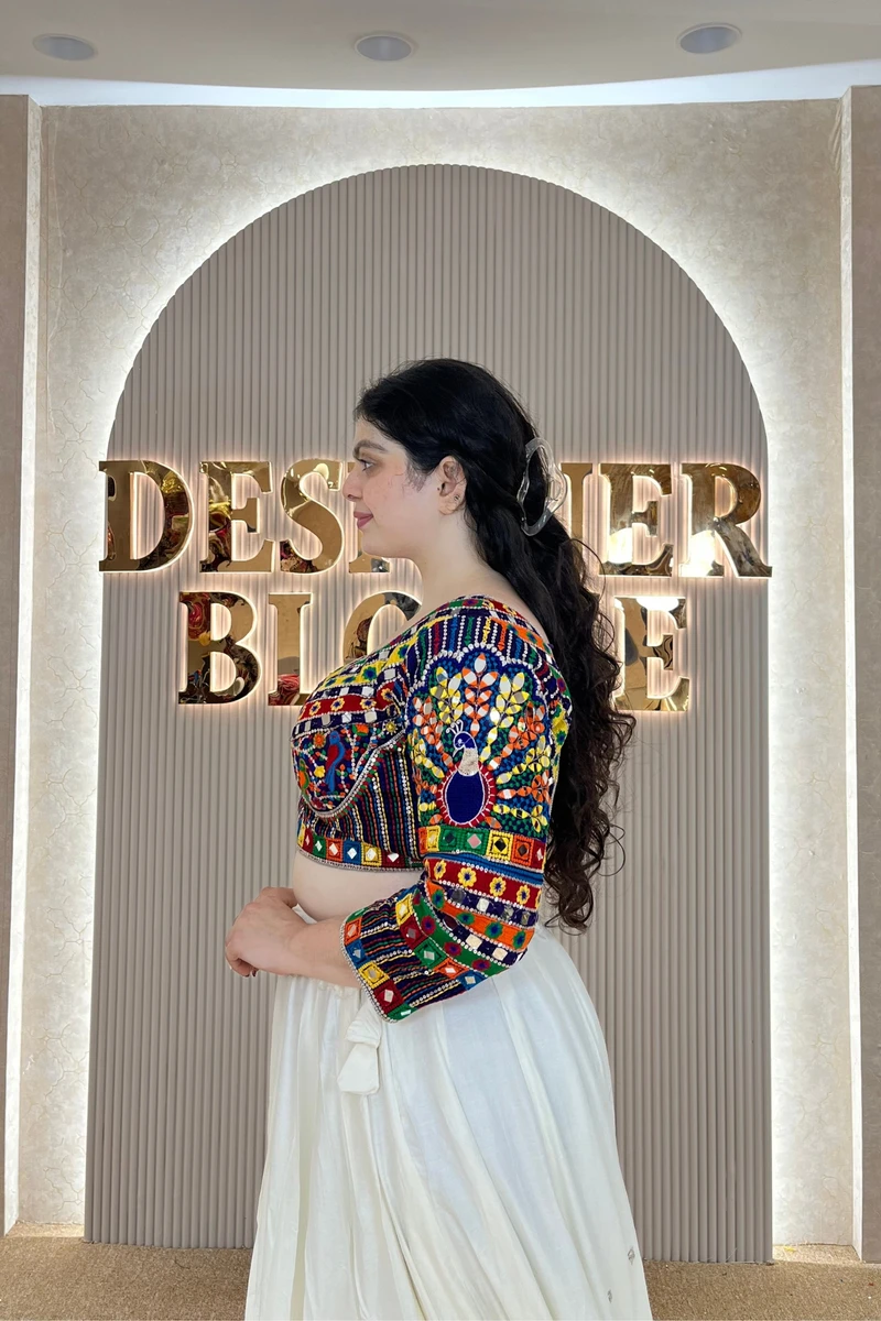 Black Navratri Full Sleeve Silk Blouse with Mirror & Thread Work — view 4