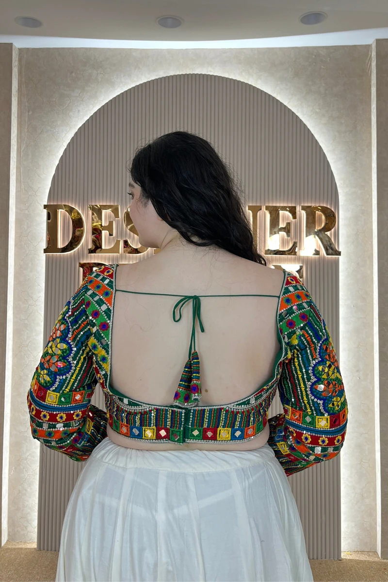 Green Navratri Full Sleeve Silk Blouse with Mirror & Thread Work — view 3