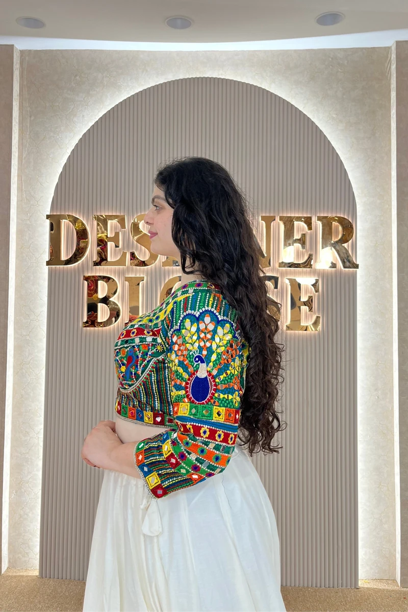 Green Navratri Full Sleeve Silk Blouse with Mirror & Thread Work — view 4
