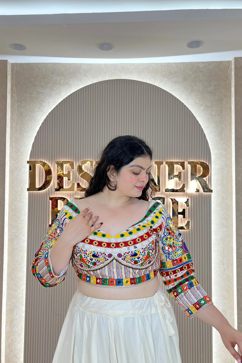 White Navratri Full Sleeve Silk Blouse with Mirror & Thread Work — view 2
