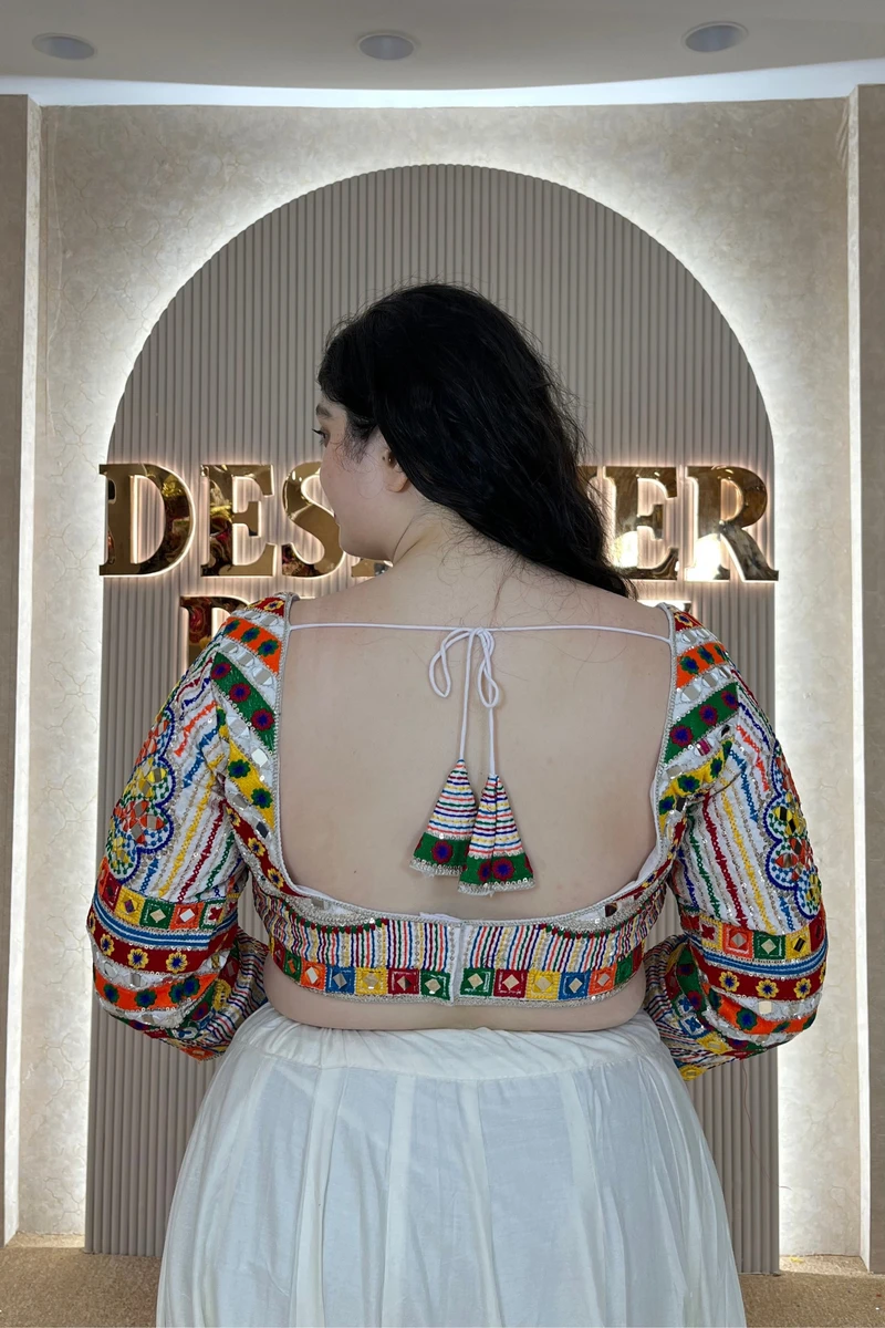 White Navratri Full Sleeve Silk Blouse with Mirror & Thread Work — view 3