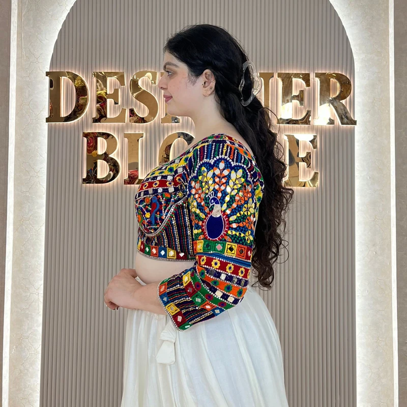 Blue Navratri Full Sleeve Silk Blouse with Mirror & Thread Work — view 3