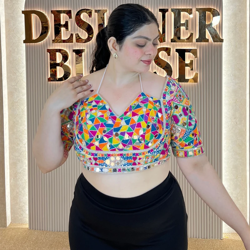 White Masaba Style Navratri Blouse with Multithread Embroidery & Mirror Work — view 2