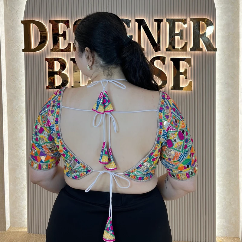 White Masaba Style Navratri Blouse with Multithread Embroidery & Mirror Work — view 3