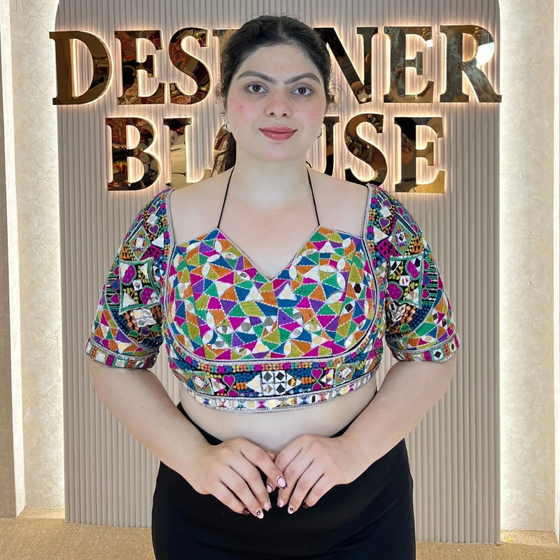 Black Masaba Style Navratri Blouse with Multithread Embroidery & Mirror Work