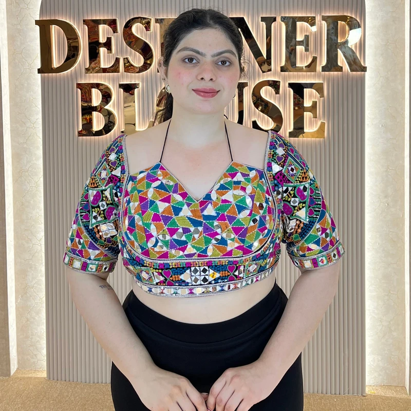 Black Masaba Style Navratri Blouse with Multithread Embroidery & Mirror Work — view 2