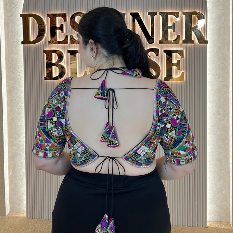 Black Masaba Style Navratri Blouse with Multithread Embroidery & Mirror Work — view 3