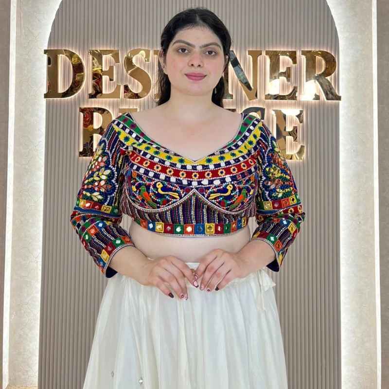 Purple Navratri Full Sleeve Silk Blouse with Mirror & Thread Work