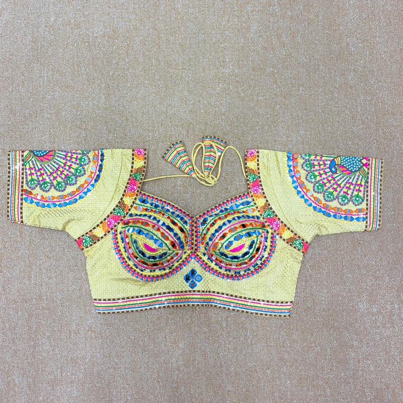 Multicolor Mirror & Thread Work Silk Navratri Blouse with Sweetheart Neck