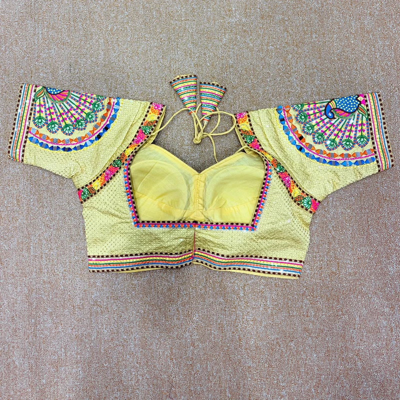 Multicolor Mirror & Thread Work Silk Navratri Blouse with Sweetheart Neck — view 2