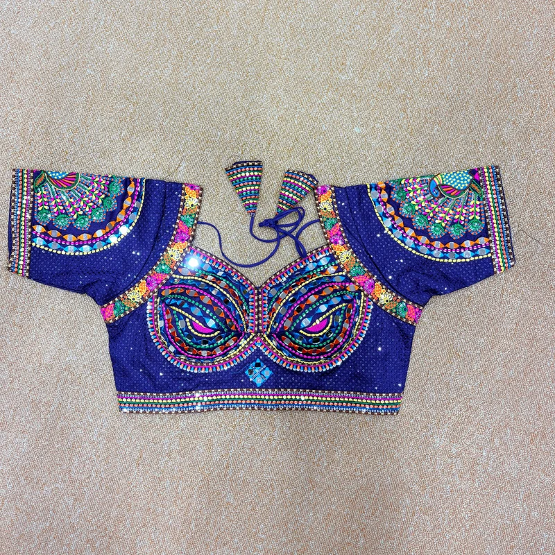 Purple Thread Work Silk Navratri Blouse with Sweetheart Neck