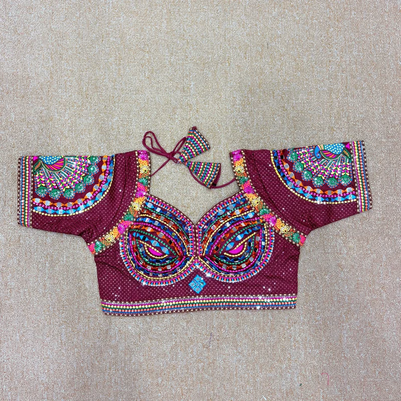 Maroon Thread Work Silk Navratri Blouse with Sweetheart Neck