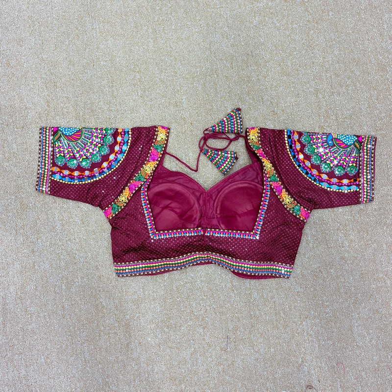 Maroon Thread Work Silk Navratri Blouse with Sweetheart Neck — view 2