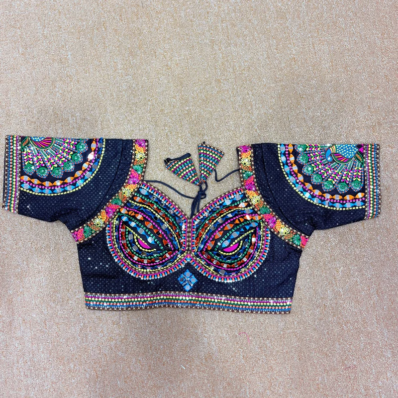 Black Thread Work Silk Navratri Blouse with Sweetheart Neck
