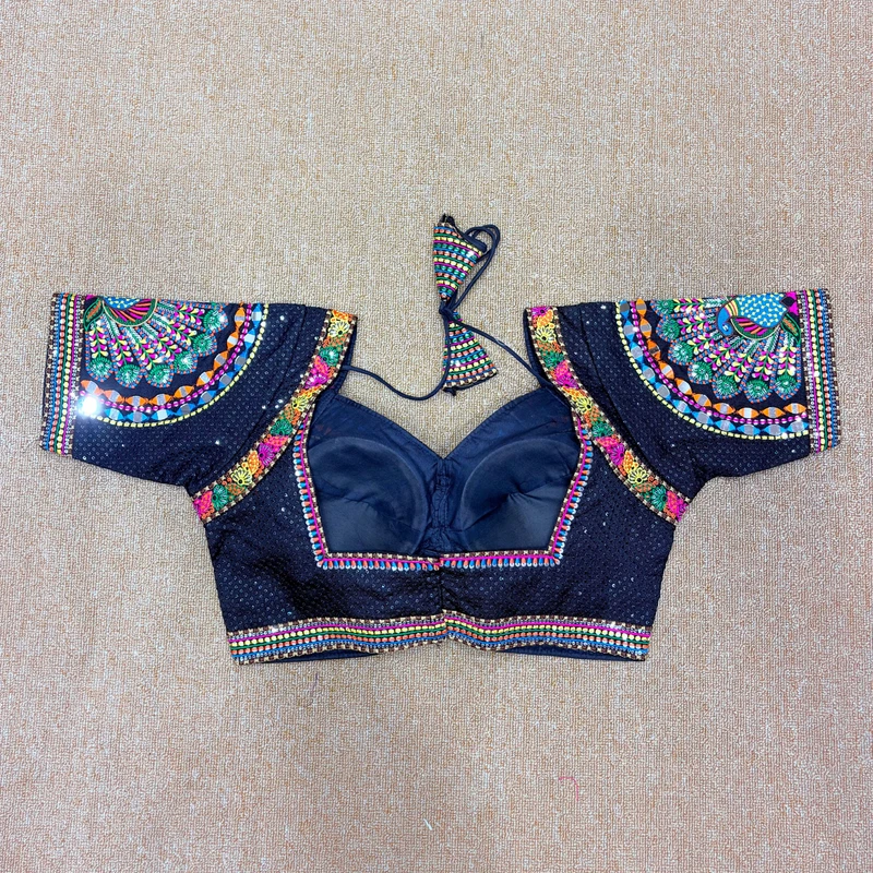 Black Thread Work Silk Navratri Blouse with Sweetheart Neck — view 2