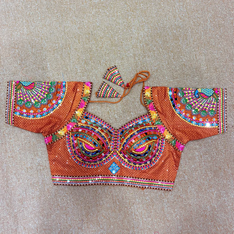Coper Thread Work Silk Navratri Blouse with Sweetheart Neck