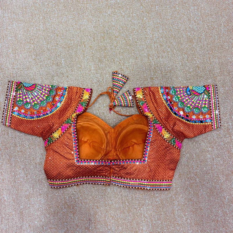 Coper Thread Work Silk Navratri Blouse with Sweetheart Neck — view 2