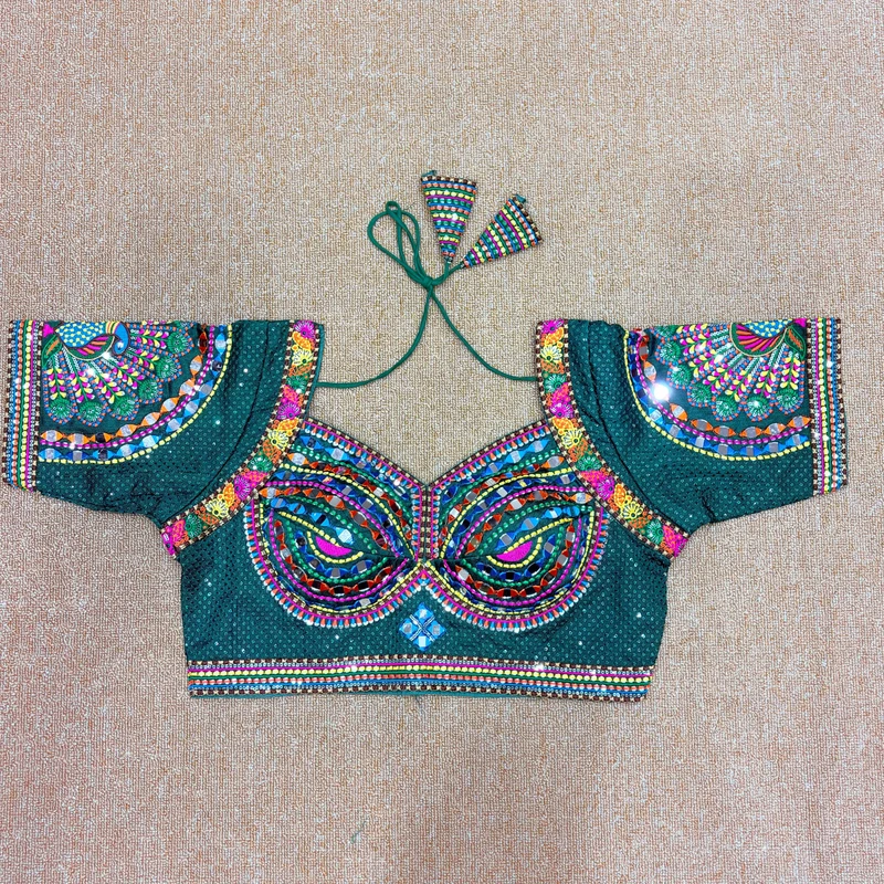 Rama Thread Work Silk Navratri Blouse with Sweetheart Neck