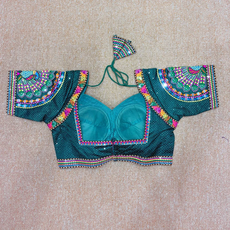 Rama Thread Work Silk Navratri Blouse with Sweetheart Neck — view 2