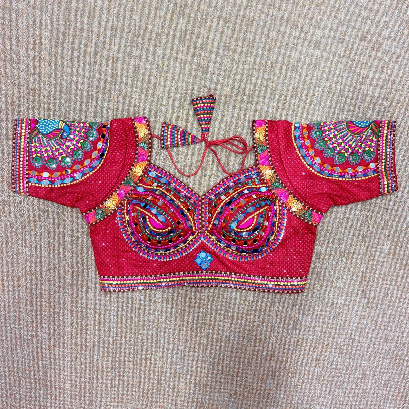 Red Thread Work Silk Navratri Blouse with Sweetheart Neck