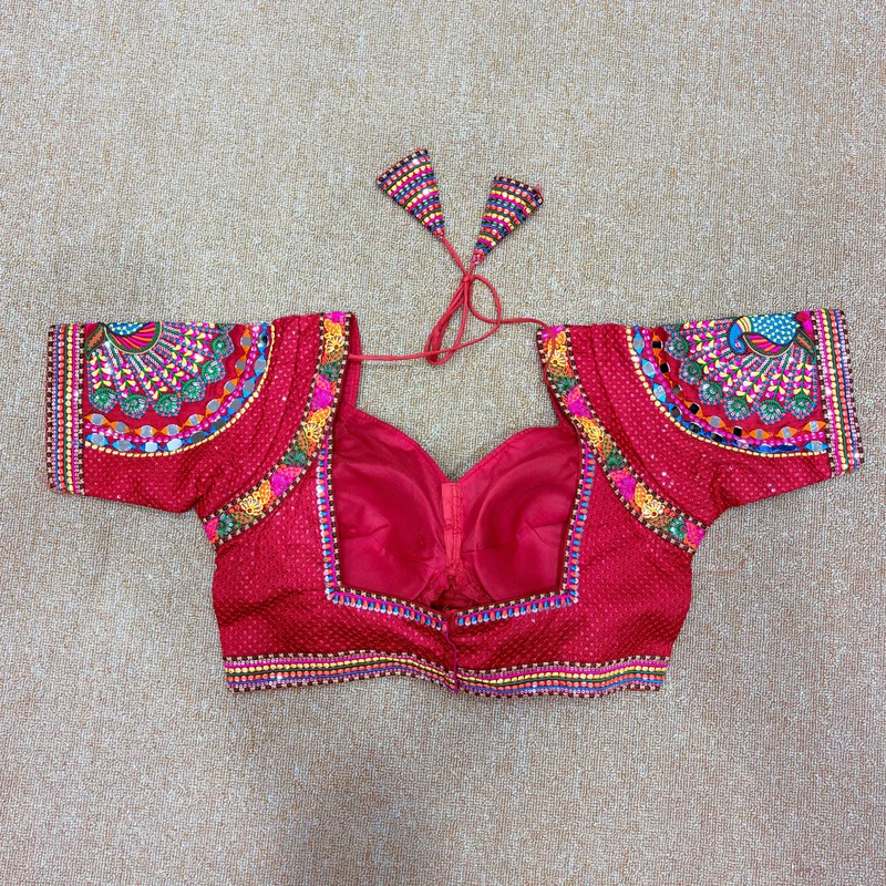 Red Thread Work Silk Navratri Blouse with Sweetheart Neck — view 2