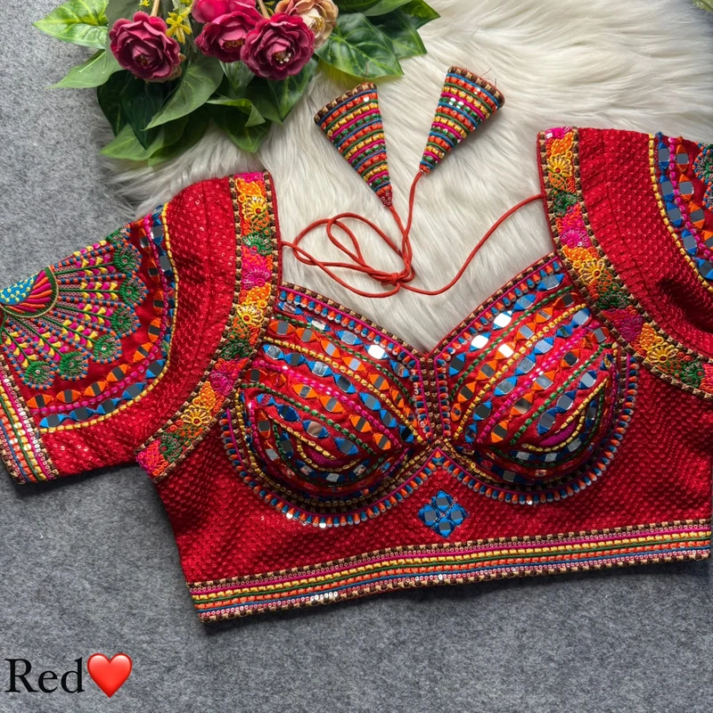 Red Thread Work Silk Navratri Blouse with Sweetheart Neck