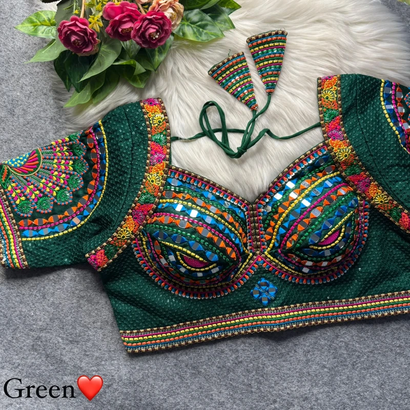 Rama Thread Work Silk Navratri Blouse with Sweetheart Neck