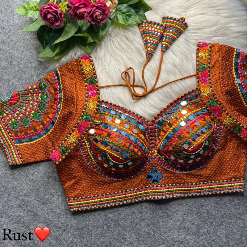 Coper Thread Work Silk Navratri Blouse with Sweetheart Neck