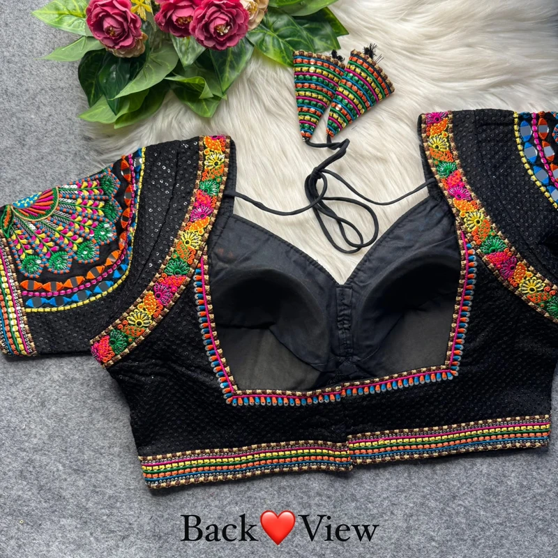 Black Thread Work Silk Navratri Blouse with Sweetheart Neck — view 2