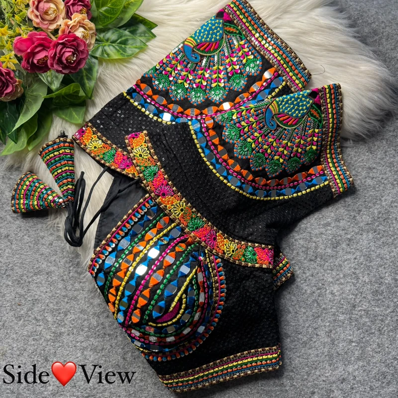 Black Thread Work Silk Navratri Blouse with Sweetheart Neck — view 3