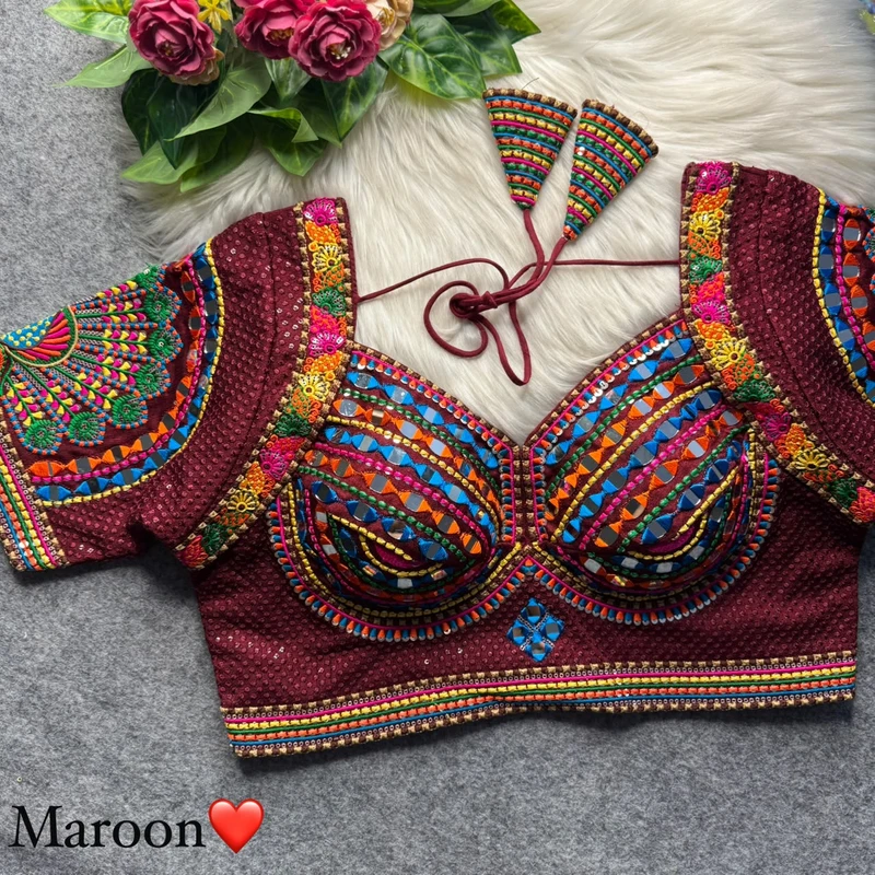 Maroon Thread Work Silk Navratri Blouse with Sweetheart Neck